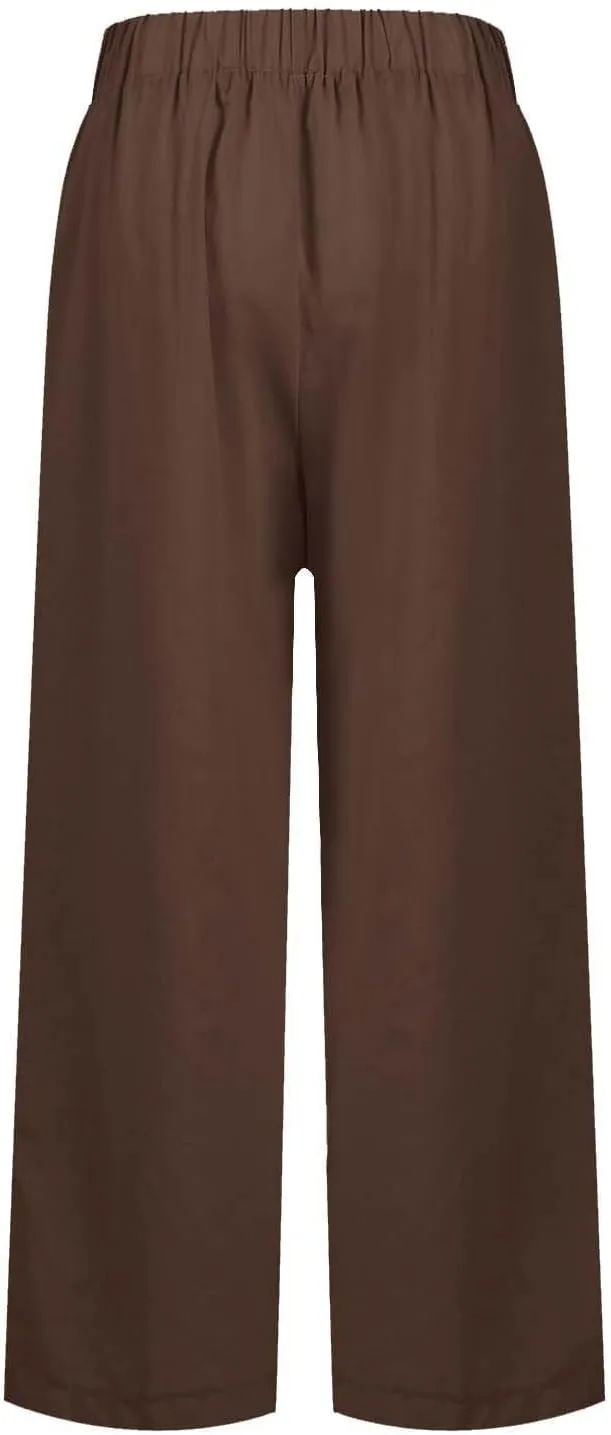 Lightweight Linen Pants for Women Summer Elastic Waisted Straight Leg Pants Casual Loose Fit Solid Color Trousers