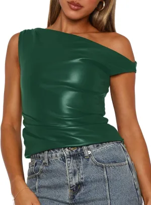 Limerose Womens Off Shoulder Top Sleeveless Shirts Faux Leather Slim Fitted Tank Top