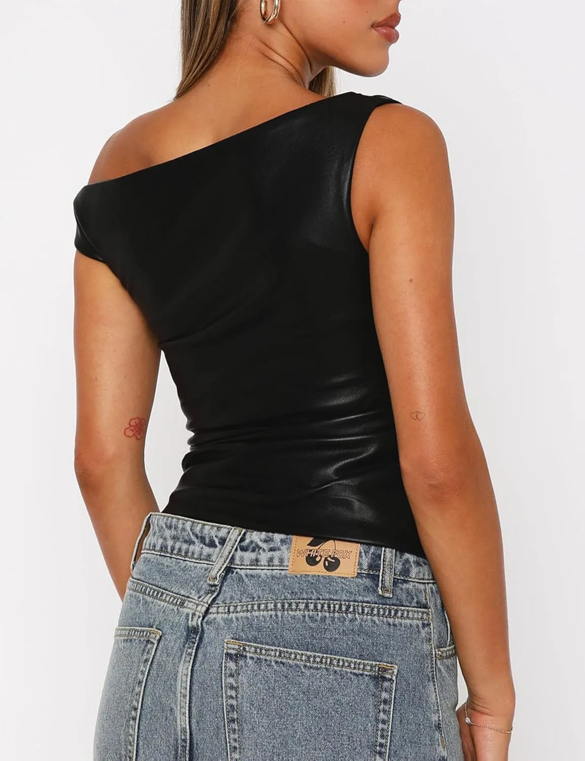 Limerose Womens Off Shoulder Top Sleeveless Shirts Faux Leather Slim Fitted Tank Top