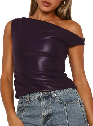 Limerose Womens Off Shoulder Top Sleeveless Shirts Faux Leather Slim Fitted Tank Top