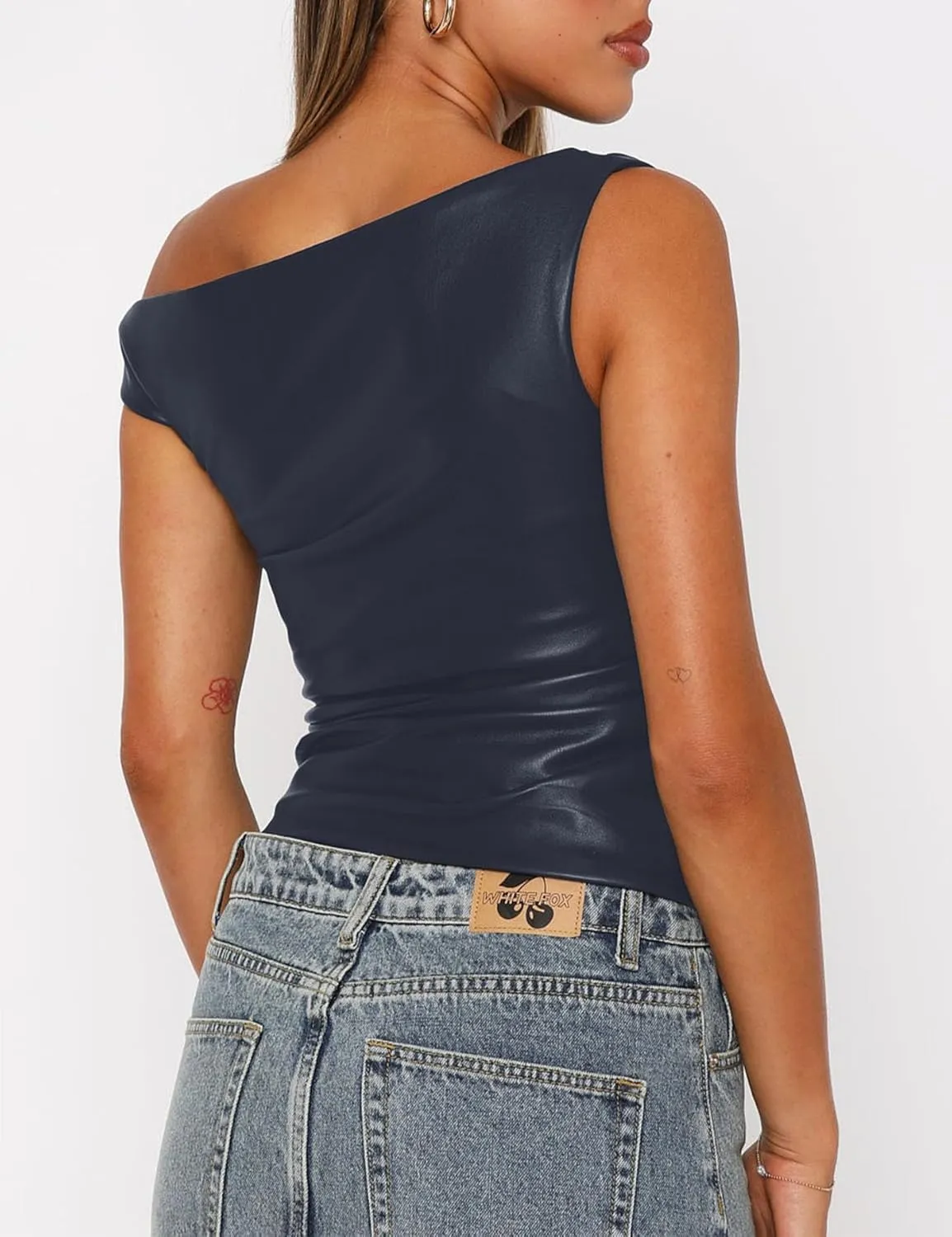 Limerose Womens Off Shoulder Top Sleeveless Shirts Faux Leather Slim Fitted Tank Top