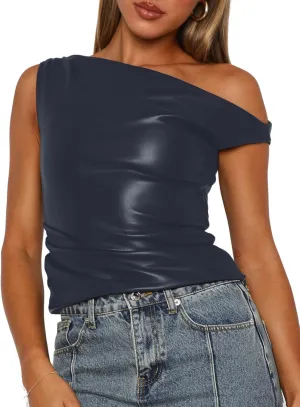 Limerose Womens Off Shoulder Top Sleeveless Shirts Faux Leather Slim Fitted Tank Top