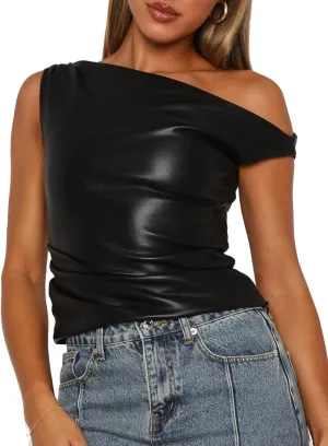 Limerose Womens Off Shoulder Top Sleeveless Shirts Faux Leather Slim Fitted Tank Top