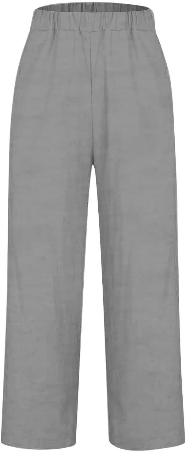 Linen Blend Pants for Women Summer 2025 Flowy Casual Lightweight Pants with Pockets Straight Leg Solid Cropped Sweatpants