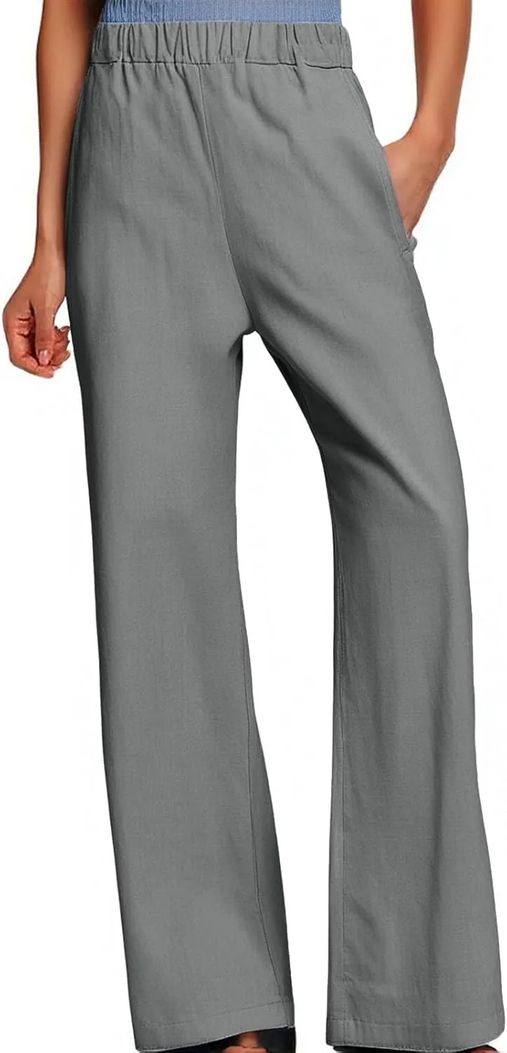 Linen Blend Pants for Women Summer 2025 Flowy Casual Lightweight Pants with Pockets Straight Leg Solid Cropped Sweatpants
