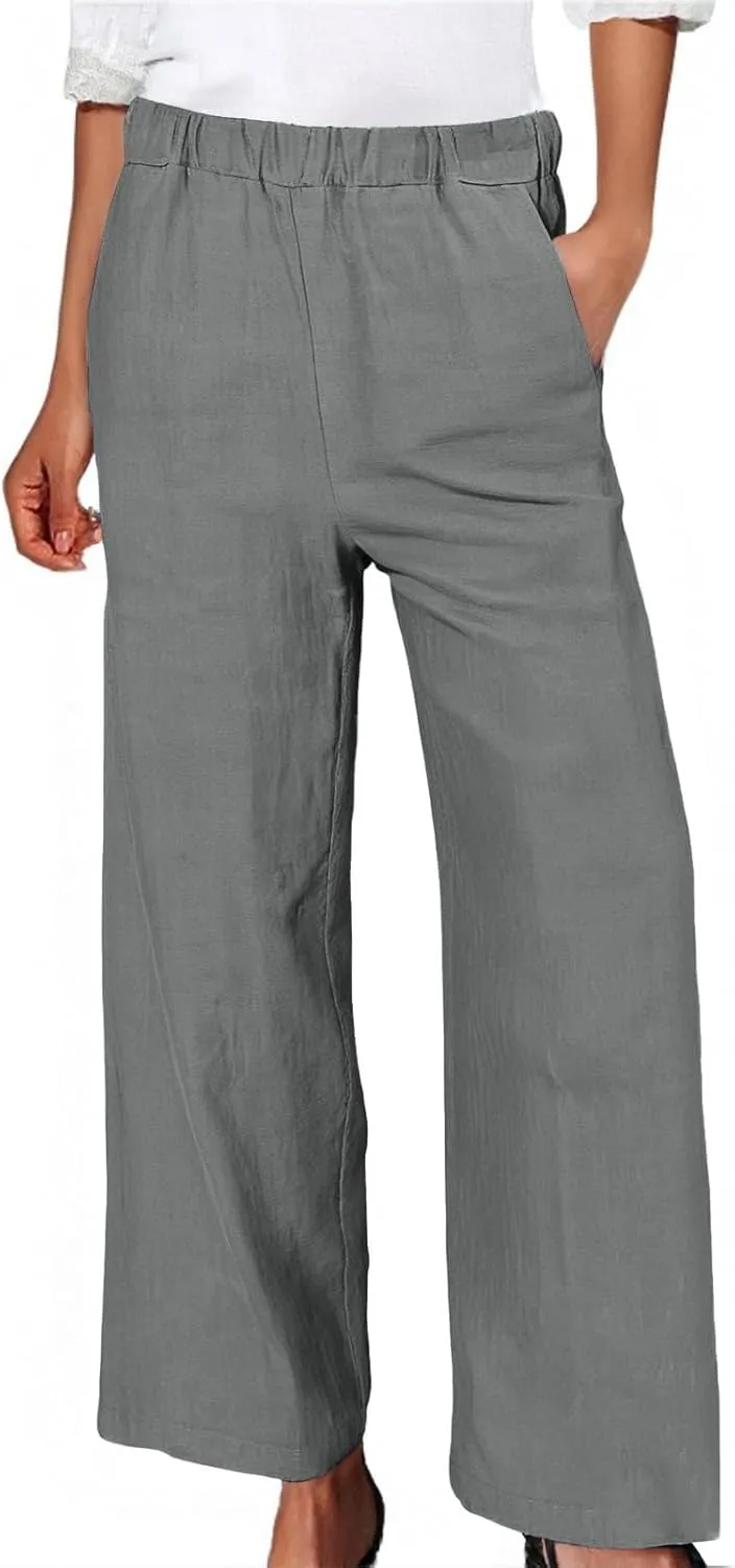 Linen Blend Pants for Women Summer 2025 Flowy Casual Lightweight Pants with Pockets Straight Leg Solid Cropped Sweatpants