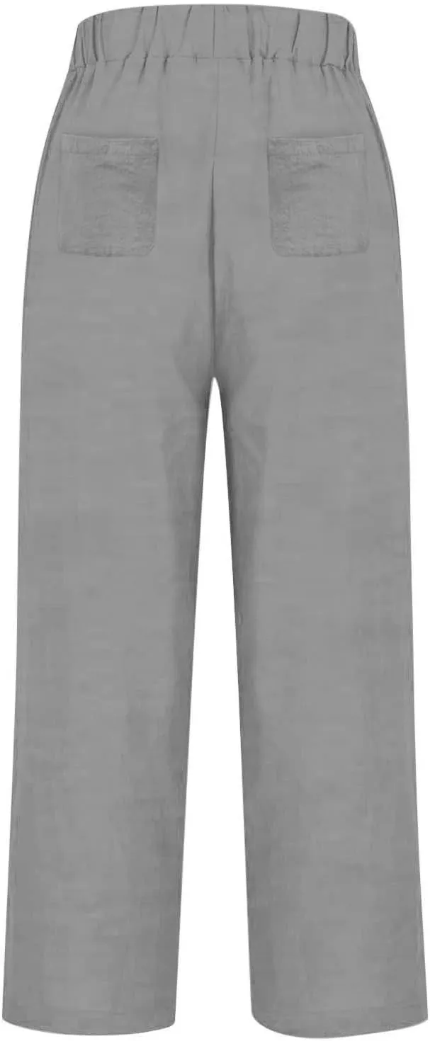 Linen Blend Pants for Women Summer 2025 Flowy Casual Lightweight Pants with Pockets Straight Leg Solid Cropped Sweatpants