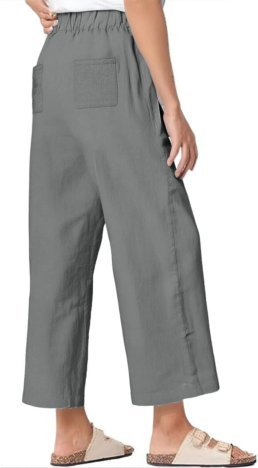 Linen Blend Pants for Women Summer 2025 Flowy Casual Lightweight Pants with Pockets Straight Leg Solid Cropped Sweatpants
