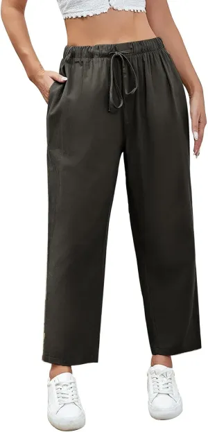 Linen Capri Pants for Women Casual High Waisted Drawstring Wide Leg Capris Summer Baggy Lounge Trousers with Pockets