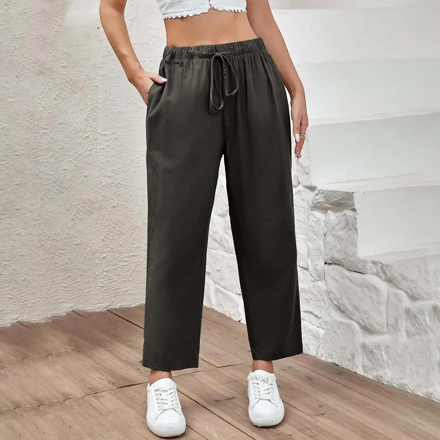 Linen Capri Pants for Women Casual High Waisted Drawstring Wide Leg Capris Summer Baggy Lounge Trousers with Pockets
