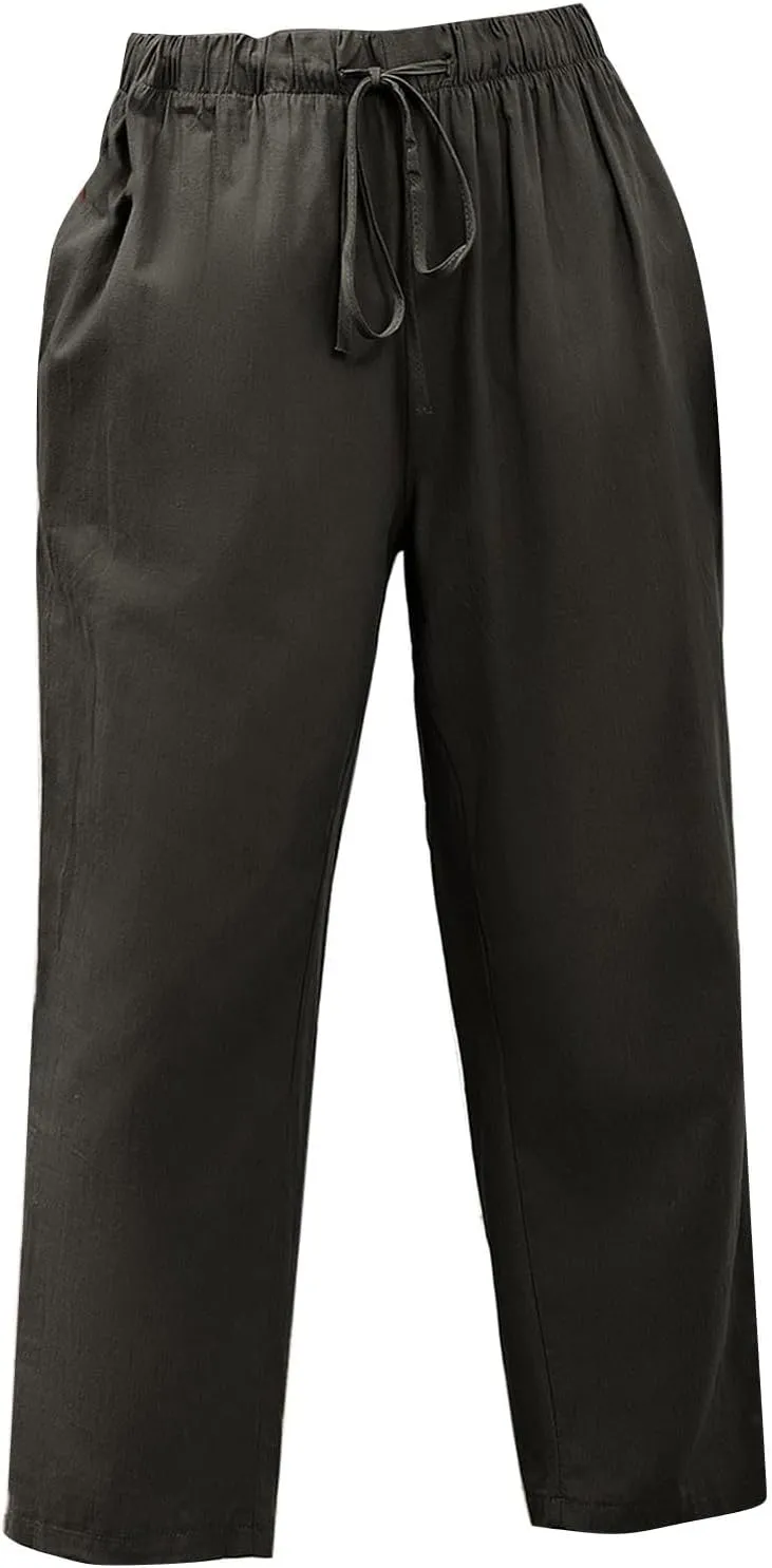Linen Capri Pants for Women Casual High Waisted Drawstring Wide Leg Capris Summer Baggy Lounge Trousers with Pockets