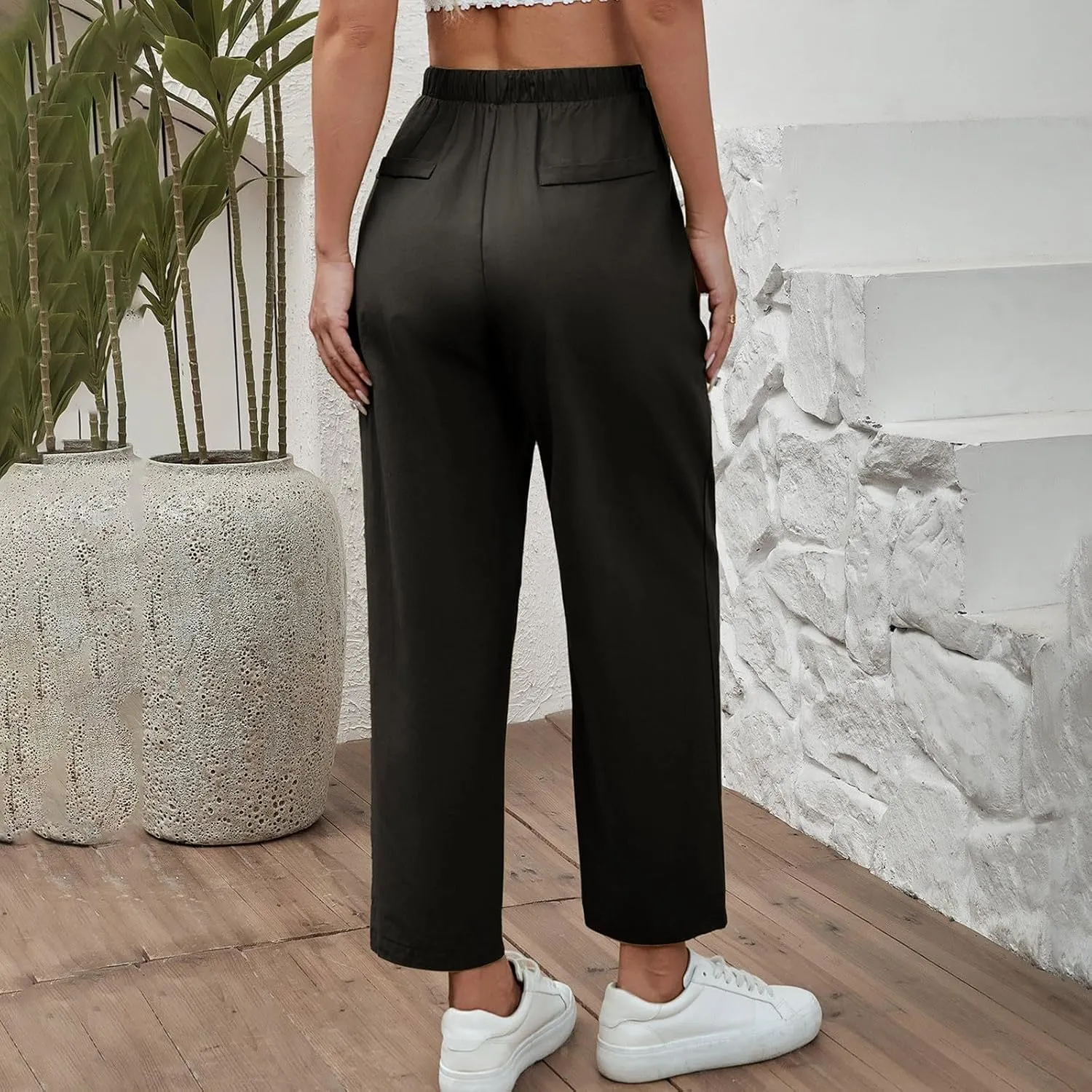 Linen Capri Pants for Women Casual High Waisted Drawstring Wide Leg Capris Summer Baggy Lounge Trousers with Pockets