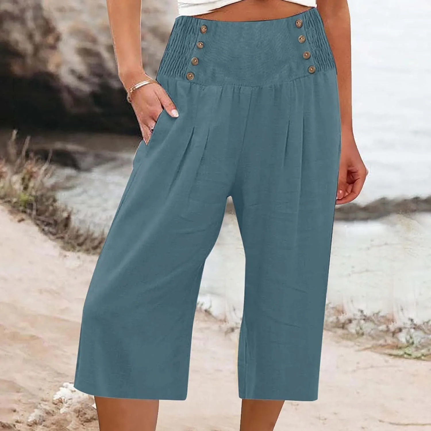 Linen Capris for Women Casual Summer High Waisted Cropped Pants Straight Wide Leg Beach Yoga Trousers with Pockets
