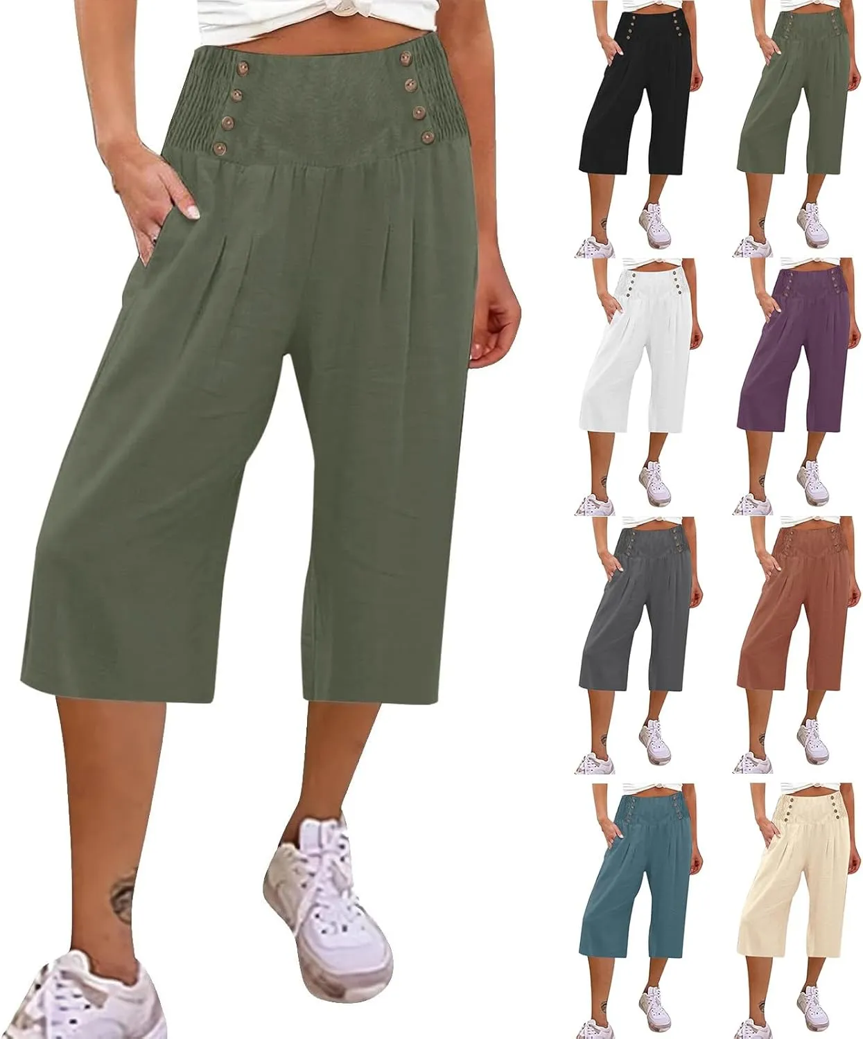 Linen Capris for Women Casual Summer High Waisted Cropped Pants Straight Wide Leg Beach Yoga Trousers with Pockets