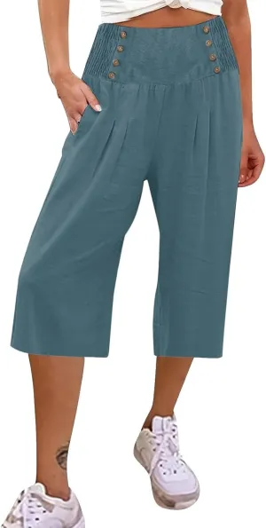 Linen Capris for Women Casual Summer High Waisted Cropped Pants Straight Wide Leg Beach Yoga Trousers with Pockets