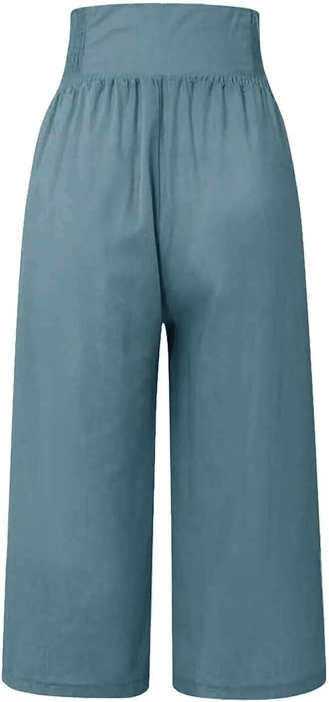 Linen Capris for Women Casual Summer High Waisted Cropped Pants Straight Wide Leg Beach Yoga Trousers with Pockets