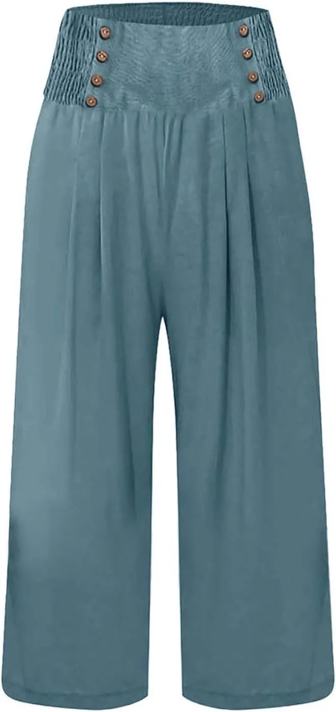 Linen Capris for Women Casual Summer High Waisted Cropped Pants Straight Wide Leg Beach Yoga Trousers with Pockets