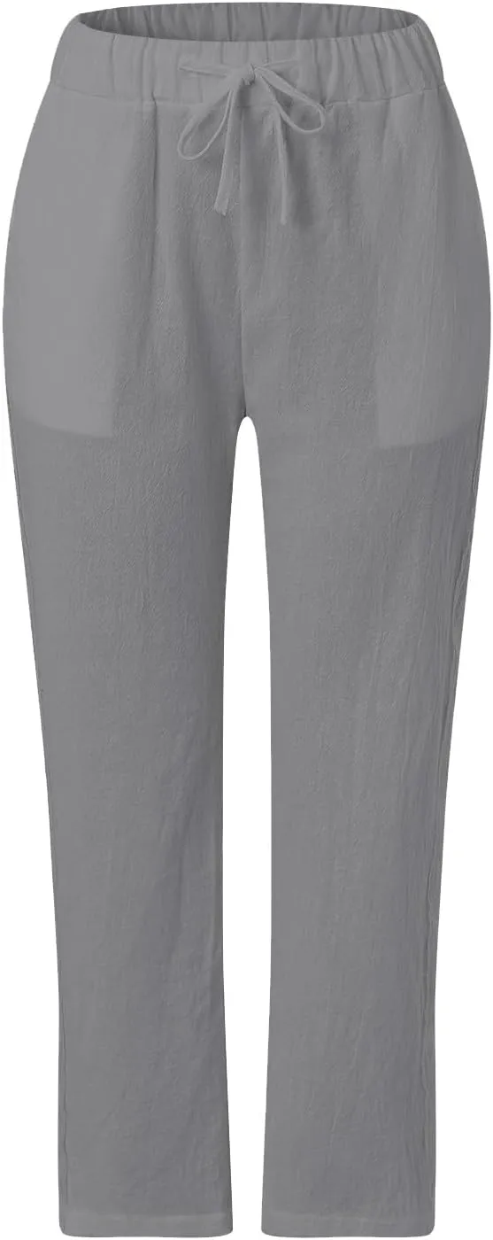 Linen Pants for Women 2025 Spring Summer High Waisted Elastic Drawstring Capri Pants Vacation Beach Trousers Joggers