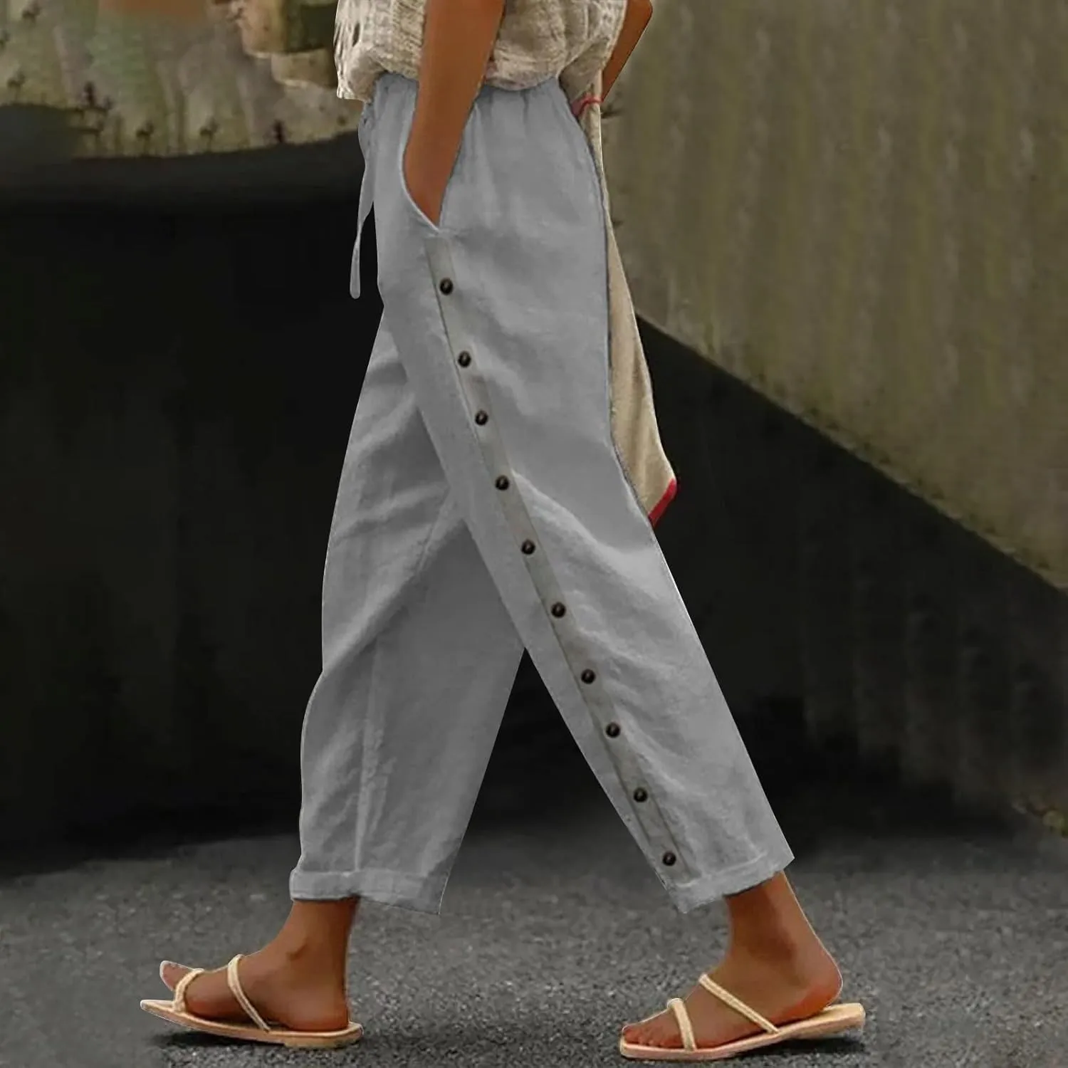 Linen Pants for Women 2025 Spring Summer High Waisted Elastic Drawstring Capri Pants Vacation Beach Trousers Joggers