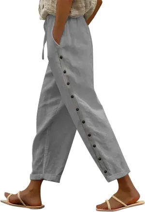 Linen Pants for Women 2025 Spring Summer High Waisted Elastic Drawstring Capri Pants Vacation Beach Trousers Joggers