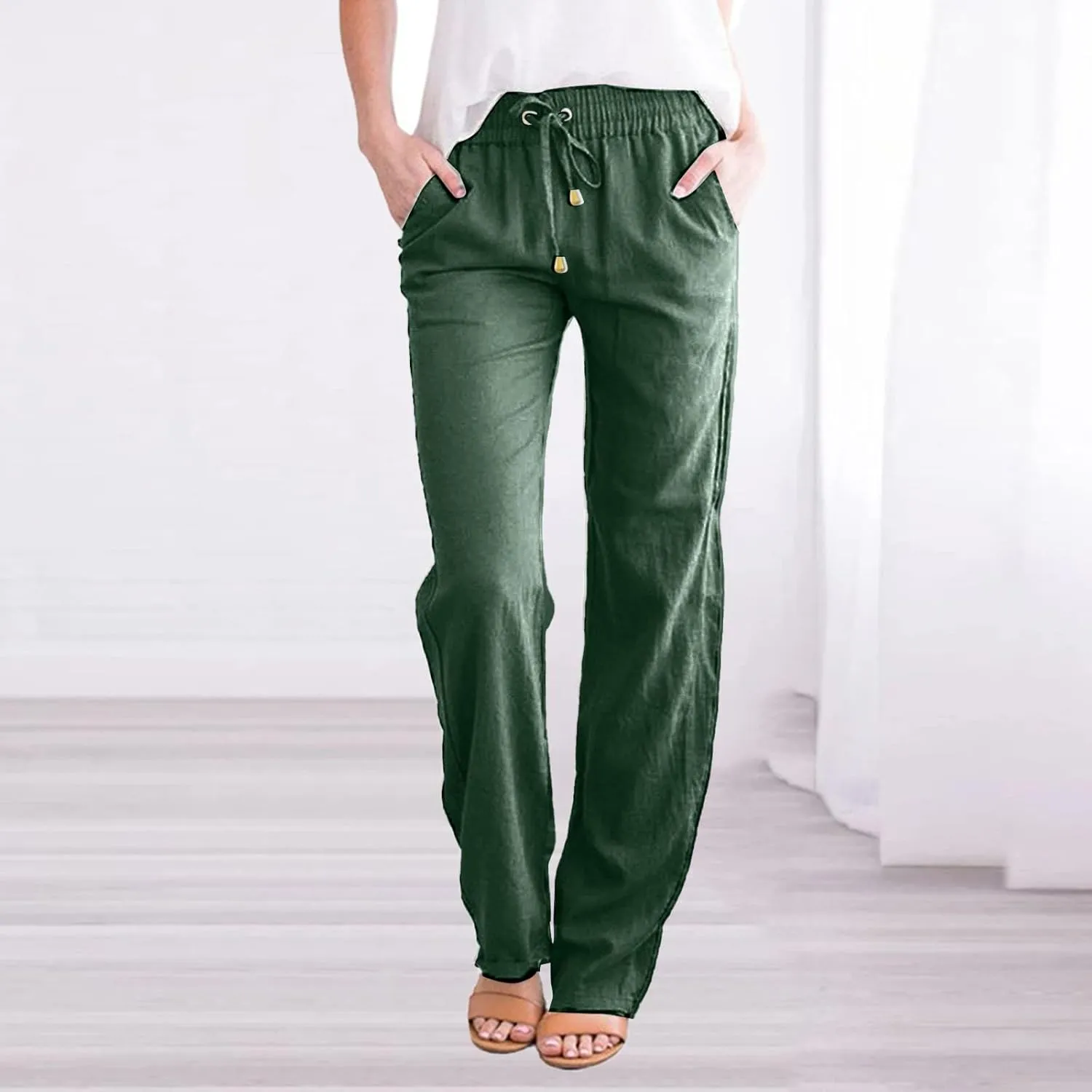 Linen Pants for Women 2025 Summer Drawstring Pants Casual Loose Wide Leg Lounge Trousers for Beach Travel Vacation