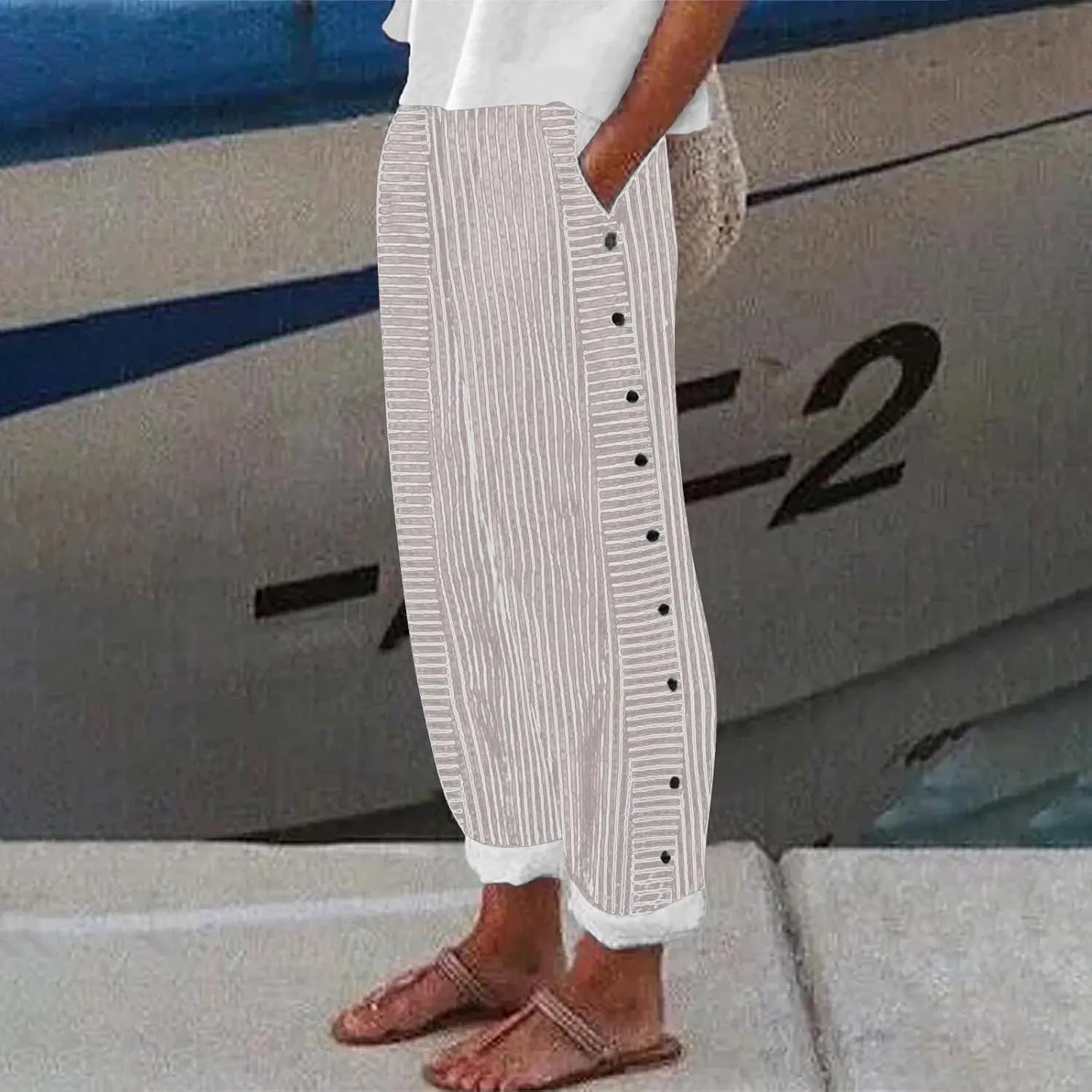 Linen Pants for Women 2025 Trendy Striped Spring Summer Casual Pants High Waist Straight Leg Trousers with Pockets