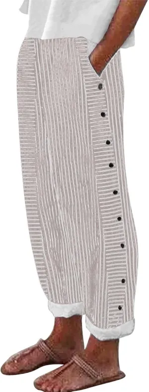 Linen Pants for Women 2025 Trendy Striped Spring Summer Casual Pants High Waist Straight Leg Trousers with Pockets