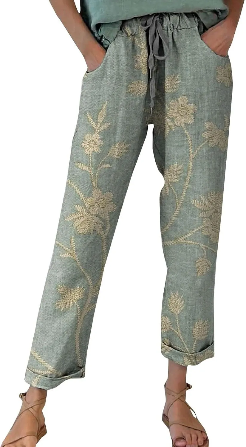 Linen Pants for Women Casual Vintage Tropical Floral Print Elastic High Waist Drawstring Pant Summer Beach Trouser