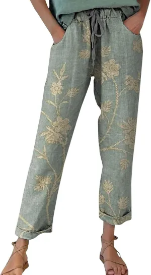 Linen Pants for Women Casual Vintage Tropical Floral Print Elastic High Waist Drawstring Pant Summer Beach Trouser