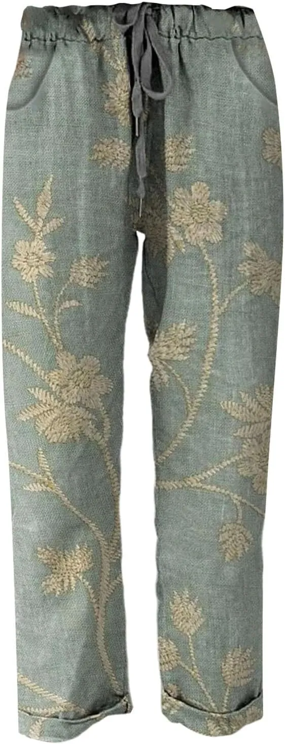 Linen Pants for Women Casual Vintage Tropical Floral Print Elastic High Waist Drawstring Pant Summer Beach Trouser