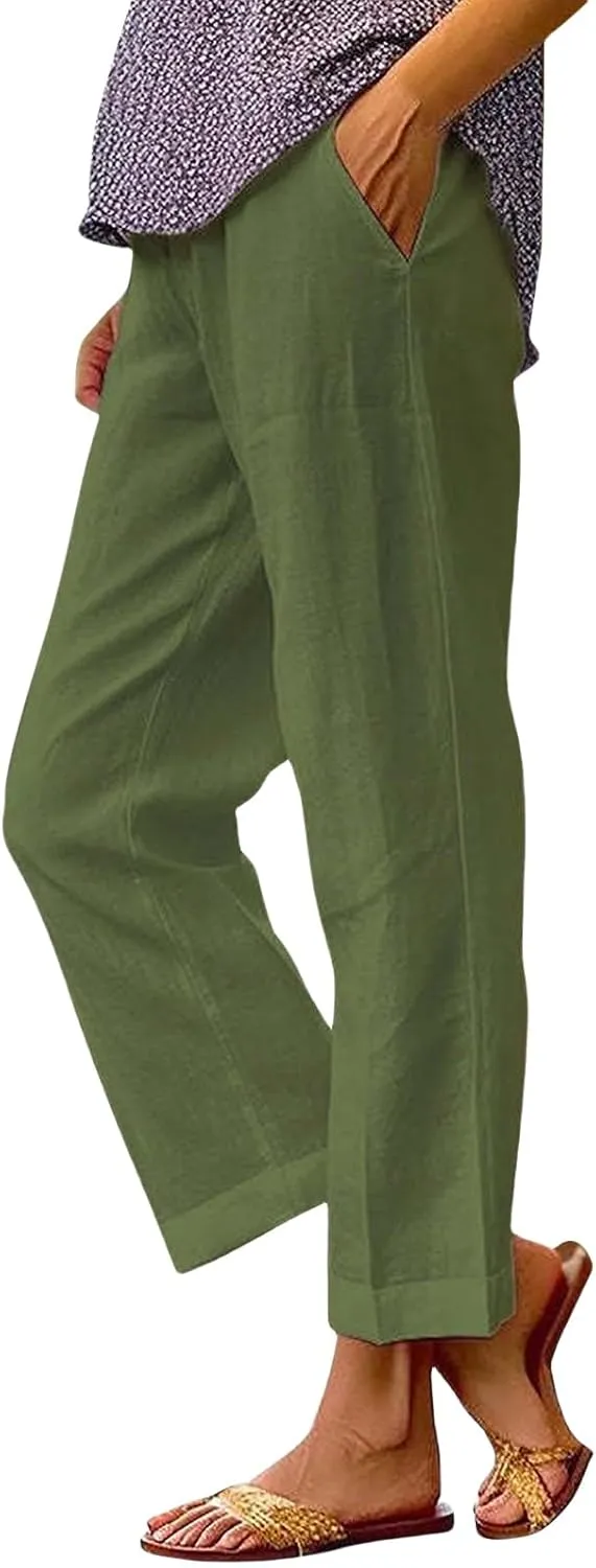 Linen Pants for Women Lightweight High Waist Straight Leg Cropped Pants Casual Summer Crop Pant Trousers with Pockets