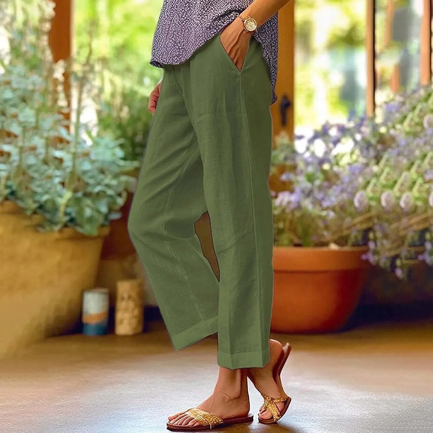 Linen Pants for Women Lightweight High Waist Straight Leg Cropped Pants Casual Summer Crop Pant Trousers with Pockets