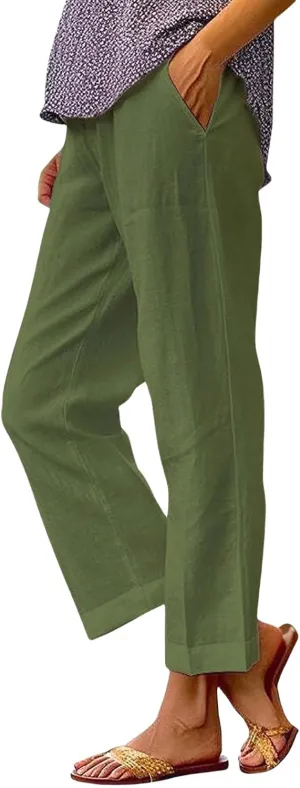 Linen Pants for Women Lightweight High Waist Straight Leg Cropped Pants Casual Summer Crop Pant Trousers with Pockets