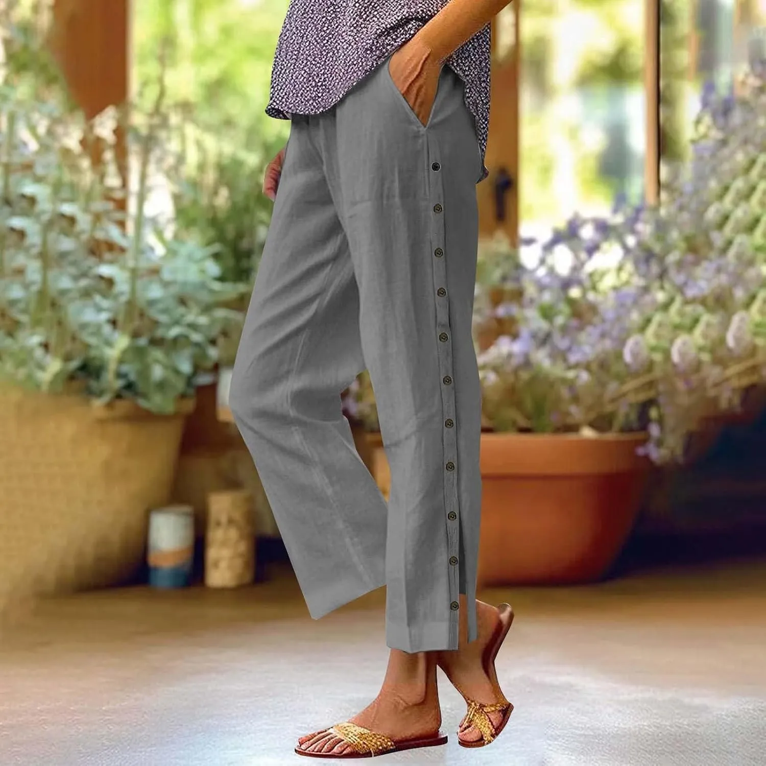 Linen Pants for Women Summer Elastic Waist Lightweight Pants Vacation Beach Side-Buttoned Closure Casual Trousers