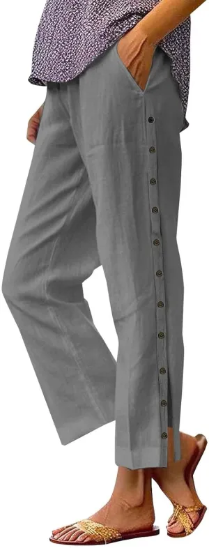 Linen Pants for Women Summer Elastic Waist Lightweight Pants Vacation Beach Side-Buttoned Closure Casual Trousers