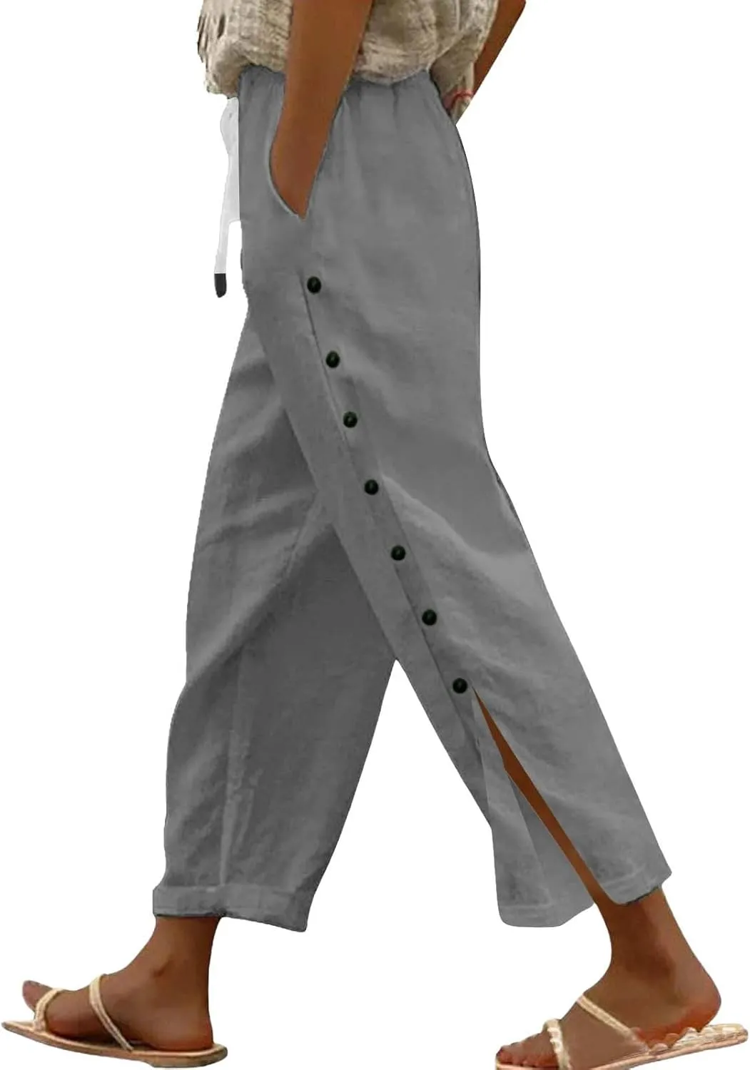 Linen Pants for Women Summer Elastic Waist Lightweight Pants Vacation Beach Side-Buttoned Closure Casual Trousers