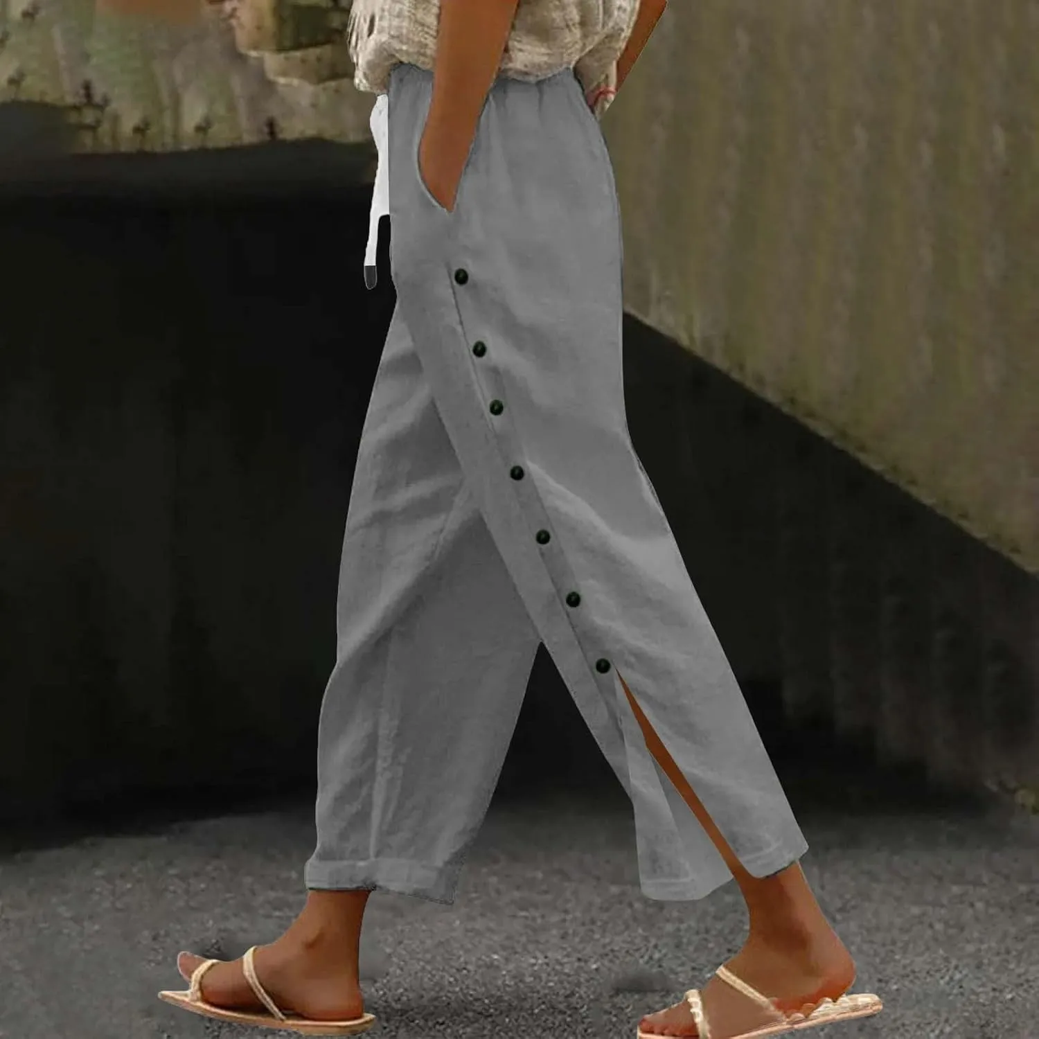 Linen Pants for Women Summer Elastic Waist Lightweight Pants Vacation Beach Side-Buttoned Closure Casual Trousers