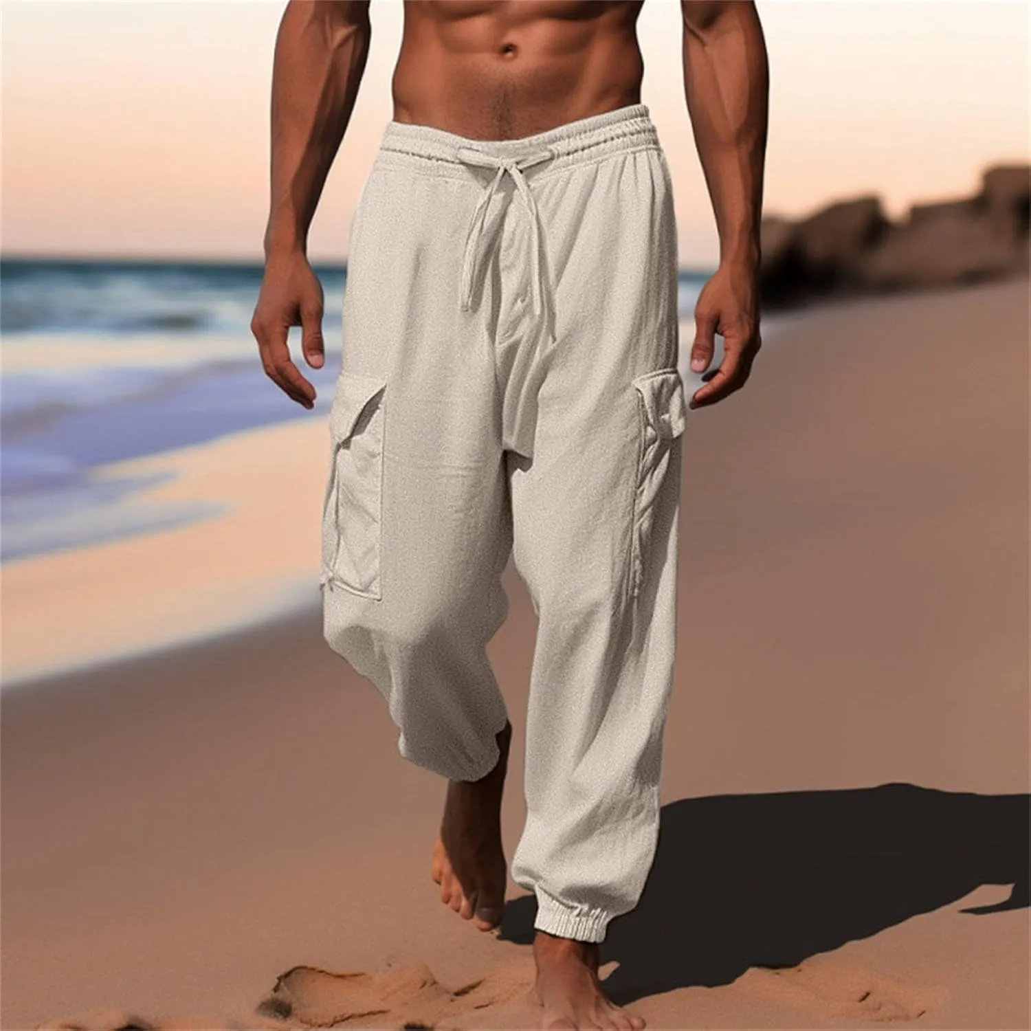 Linen Pants Mens Solid Beach Casual Tapered Pants Summer Vacation Drawstring Trousers Outdoor Plain Holiday Slacks