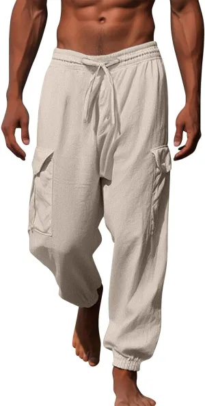 Linen Pants Mens Solid Beach Casual Tapered Pants Summer Vacation Drawstring Trousers Outdoor Plain Holiday Slacks