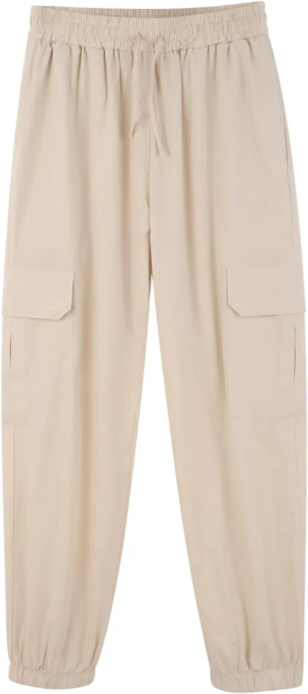 Linen Pants Mens Solid Beach Casual Tapered Pants Summer Vacation Drawstring Trousers Outdoor Plain Holiday Slacks