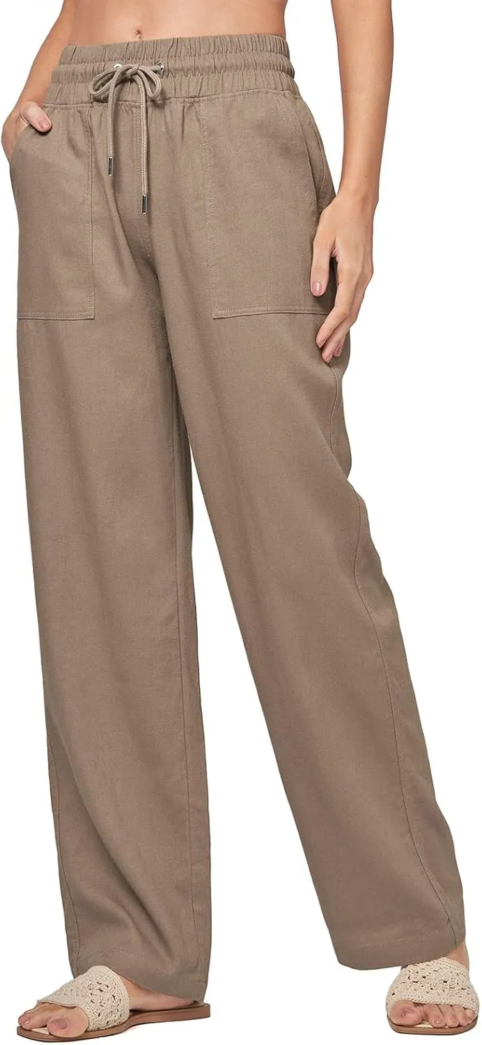 Linen Pants Women Casual Palazzo Pants High Waist Wide Leg Pant Lightweight Summer Solid Lounge Long Trousers