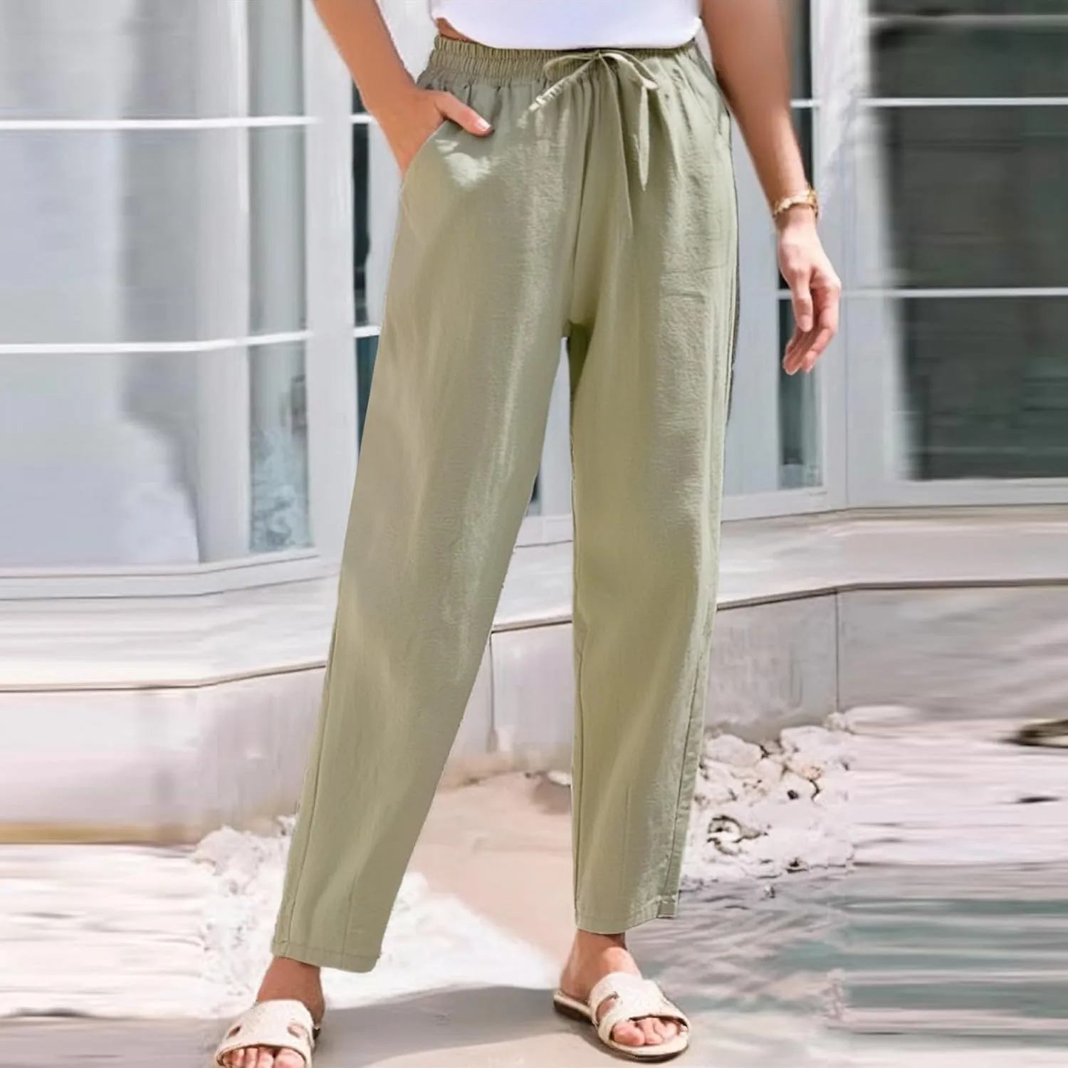 Linen Pants Women Wide Leg Palazzo Pants Drawstring Lounge Pants with Pockets High Elastic Waisted