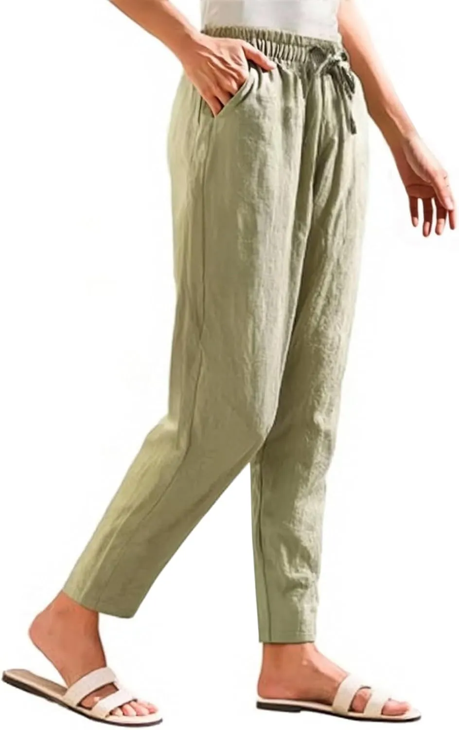 Linen Pants Women Wide Leg Palazzo Pants Drawstring Lounge Pants with Pockets High Elastic Waisted