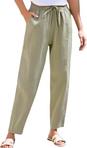 Linen Pants Women Wide Leg Palazzo Pants Drawstring Lounge Pants with Pockets High Elastic Waisted