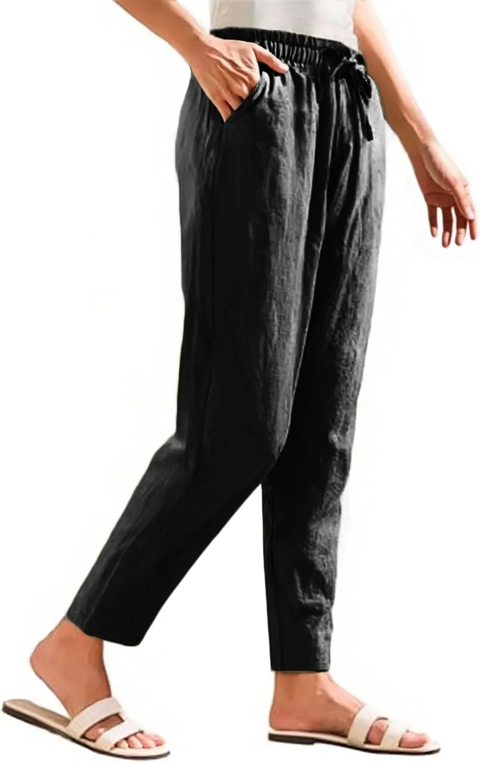 Linen Pants Women Wide Leg Palazzo Pants High Elastic Waisted Lounge Pants with Pockets Drawstring