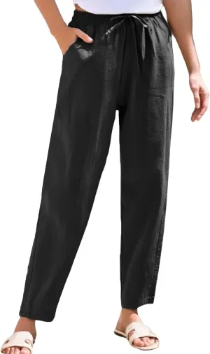 Linen Pants Women Wide Leg Palazzo Pants High Elastic Waisted Lounge Pants with Pockets Drawstring
