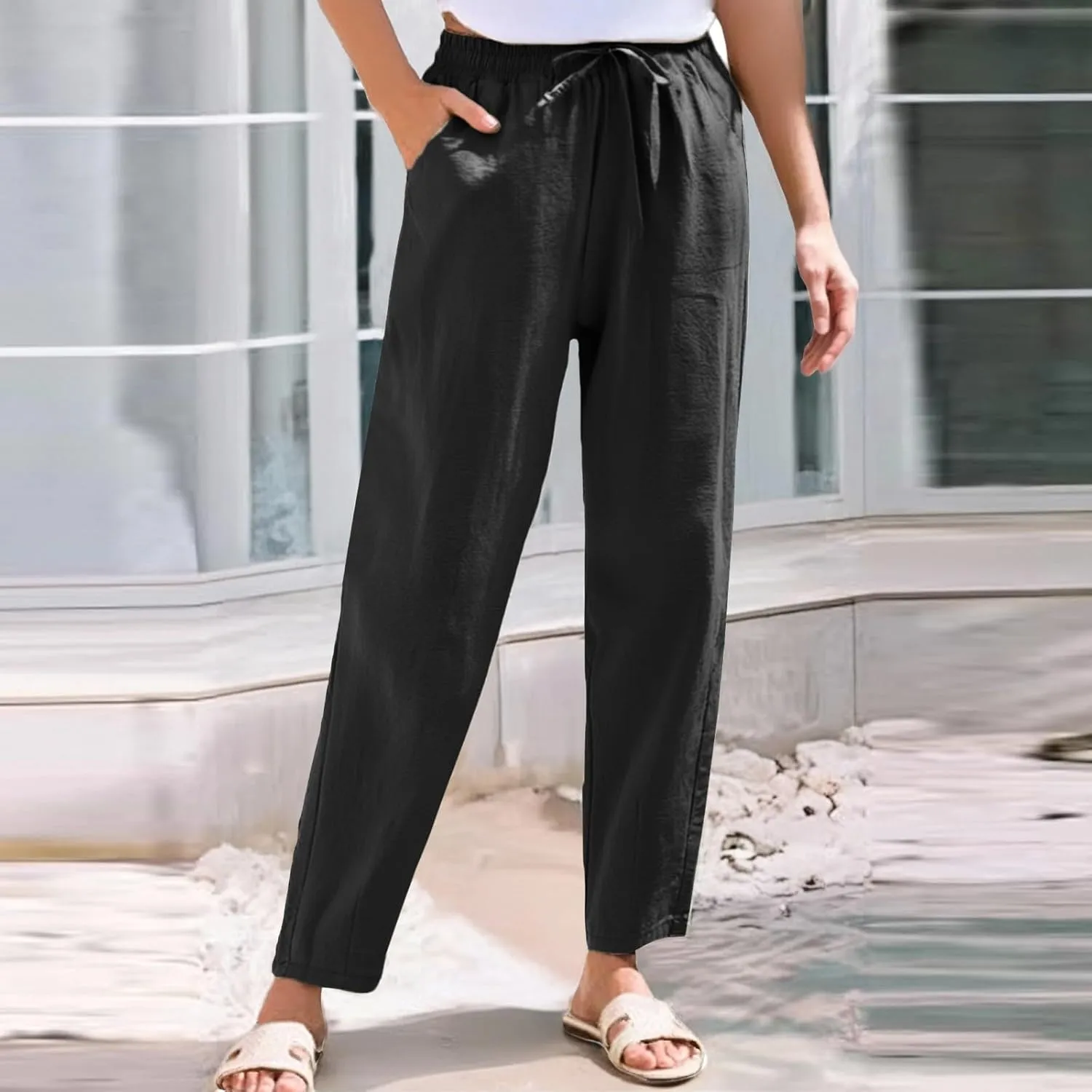 Linen Pants Women Wide Leg Palazzo Pants High Elastic Waisted Lounge Pants with Pockets Drawstring