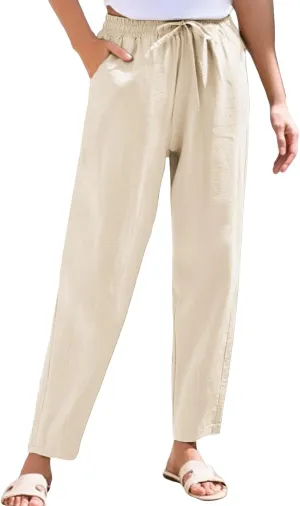 Linen Pants Women Wide Leg Palazzo Pants Lounge Pants with Pockets Drawstring High Elastic Waisted
