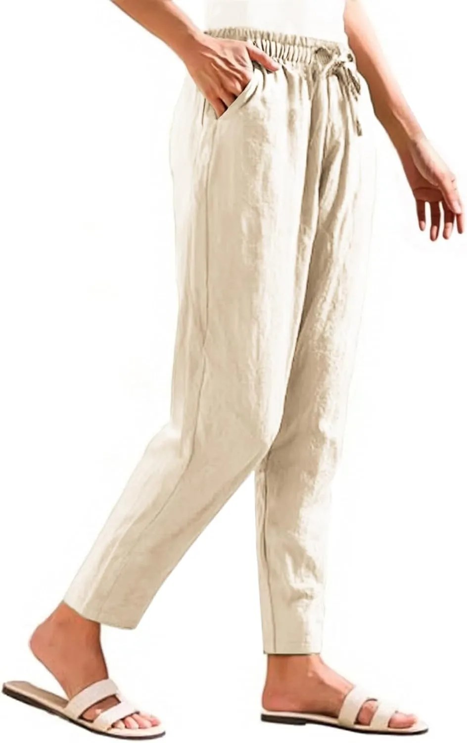 Linen Pants Women Wide Leg Palazzo Pants Lounge Pants with Pockets Drawstring High Elastic Waisted