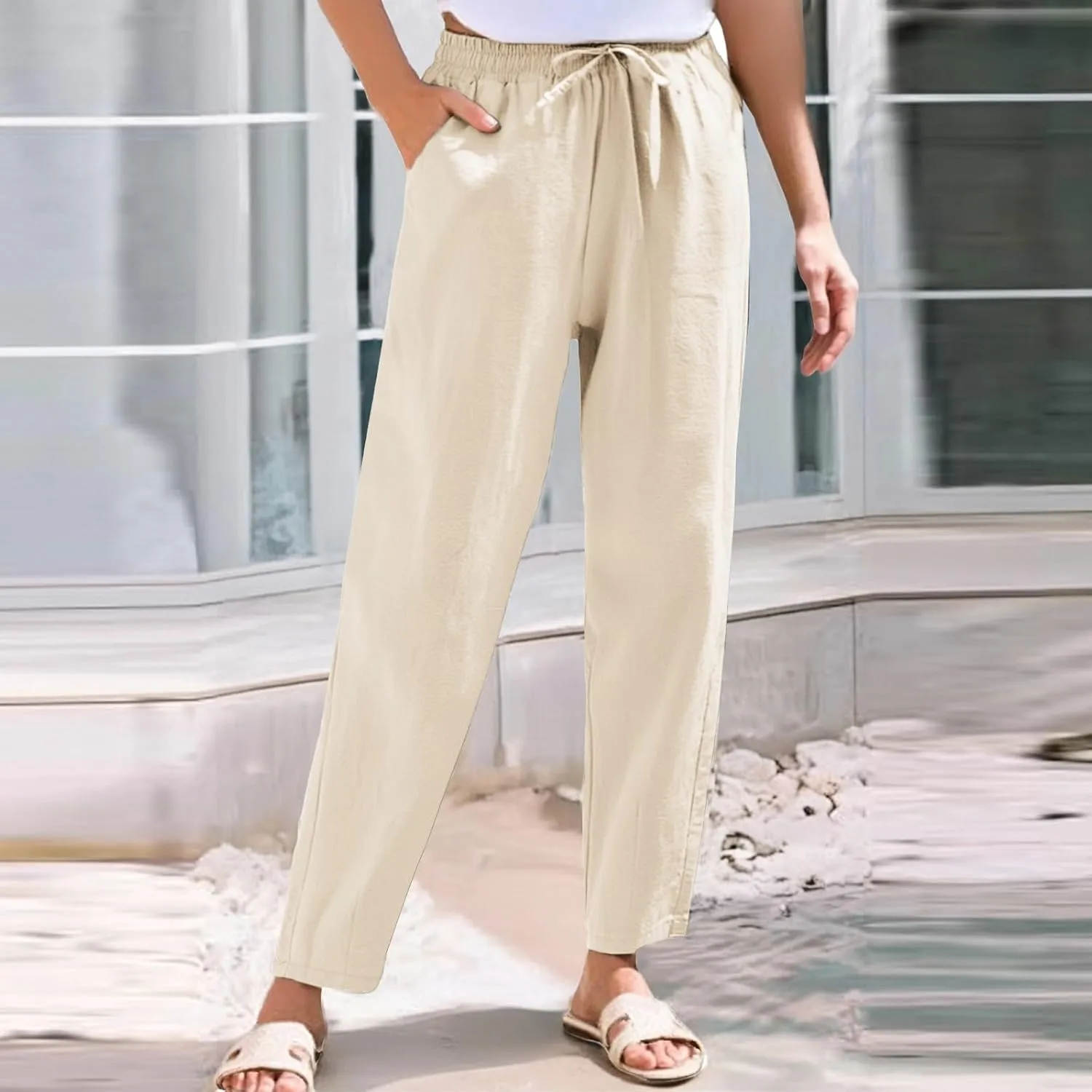 Linen Pants Women Wide Leg Palazzo Pants Lounge Pants with Pockets Drawstring High Elastic Waisted